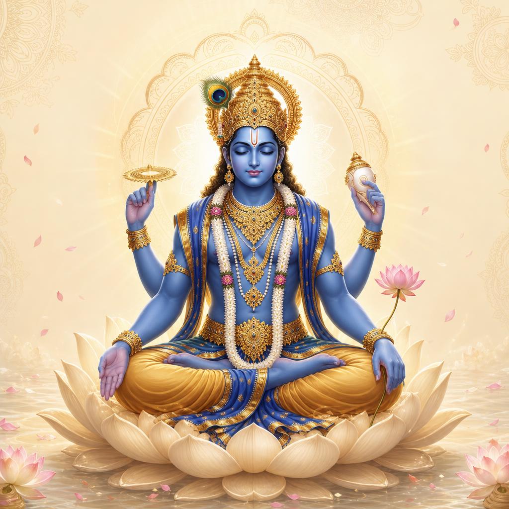 Illustration of Lord Vishnu seated on a lotus in royal blue and gold